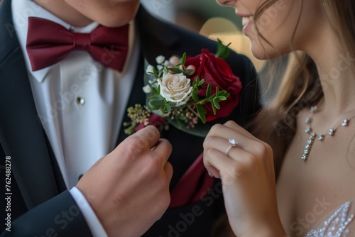 Close-Up of Hands Fixing a Prom Corsage