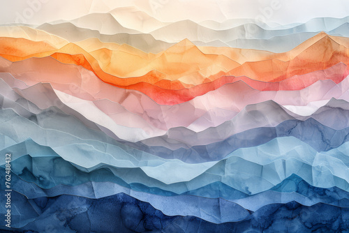 Abstract undulating paper waves in a gradient of pastel colors creating a dynamic and artistic background..