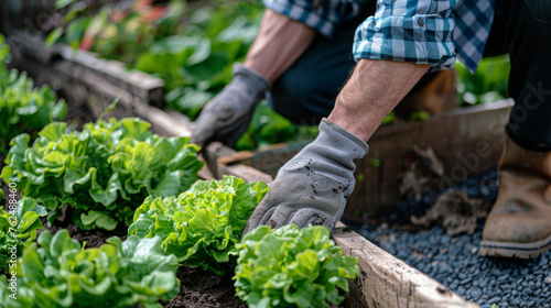A pair of gloved hands tend to lettuce in a raised garden bed.