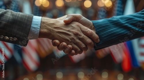 Two businesspeople from different countries shaking hands in front of the american and russian flags, symbolizing an international business agreement. photo