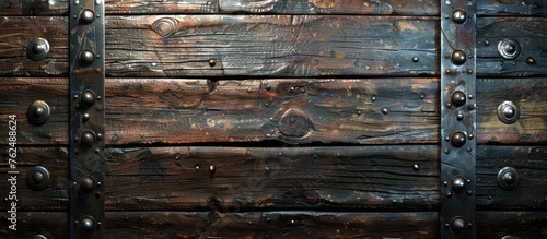 A detailed shot of a rectangular wooden door adorned with metal rivets, showcasing a beautiful grain pattern and wood stain finish