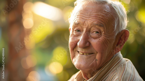 A joyful elderly man smiles warmly in natural sunlight.