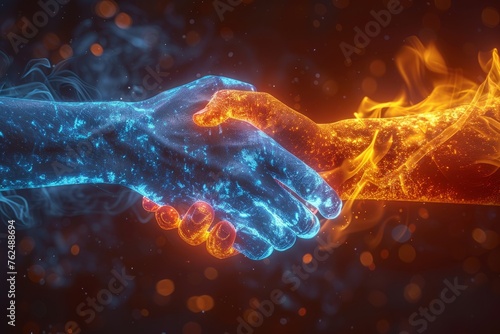 Conceptual image of a fiery and icy handshake, where one hand is engulfed in flames and the other in ice, symbolizing the contrast between passion and indifference.
