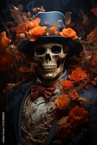 A stylish skeleton embraces his inner gentleman as he sports a top hat and bow tie, exuding a timeless charm in this whimsical image.
