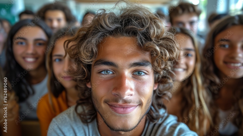 A diverse group of eight young people sitting closely next to each other in a classroom setting A diverse group of eight young people sitting closely next to each other in a classroom setting
