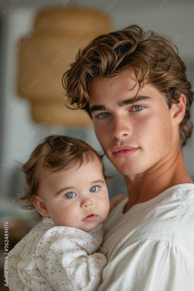 A European man holding a baby in his arms, supporting and cradling the child tenderly. A European man holding a baby in his arms, supporting and cradling the child tenderly.