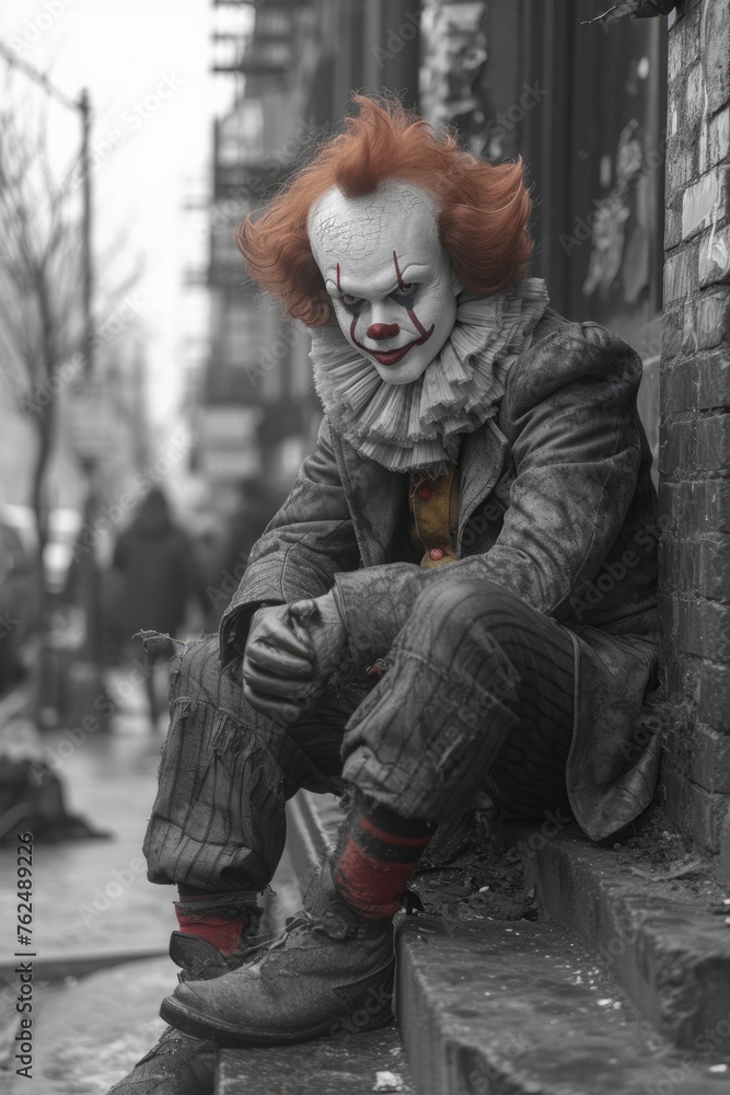 A sad clown is sitting on the ledge of a city building, creating an eerie atmosphere.