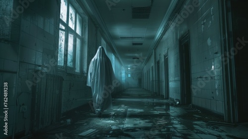 Spooky nurse woman ghost is walking in horror hospital building AI generated image photo