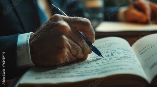 A suited arm writes in a notebook beside another individual taking notes.