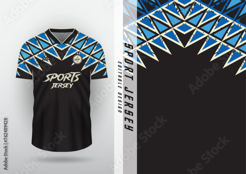 Jersey design, outdoor sports, jersey, football, futsal, running, racing, exercise, black and blue zigzag pattern.