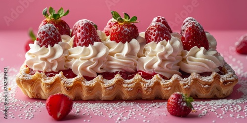 Fresh Strawberry Whipped Cream Tart on a Pink Background with Scattered Strawberries and Icing Sugar.