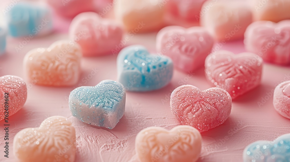 Soft pastel love heart candies scattered on a vibrant pink backdrop for Valentine's Day Soft pastel love heart candies scattered on a vibrant pink backdrop for Valentine's Day