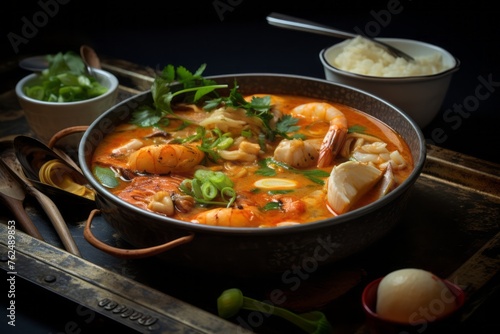 Tasty bouillabaisse on a metal tray against a rice paper background