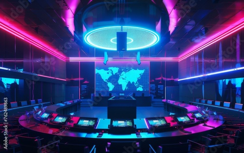 An animated 3D model of a neon conference hall  hosting international business meetings with holographic presentations