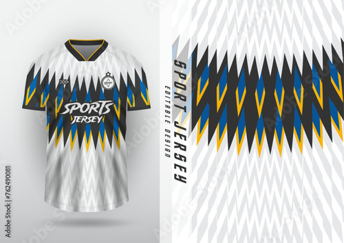 Jersey design, outdoor sports, jersey, football, futsal, running, racing, exercise, white-blue lightning zigzag pattern.	
