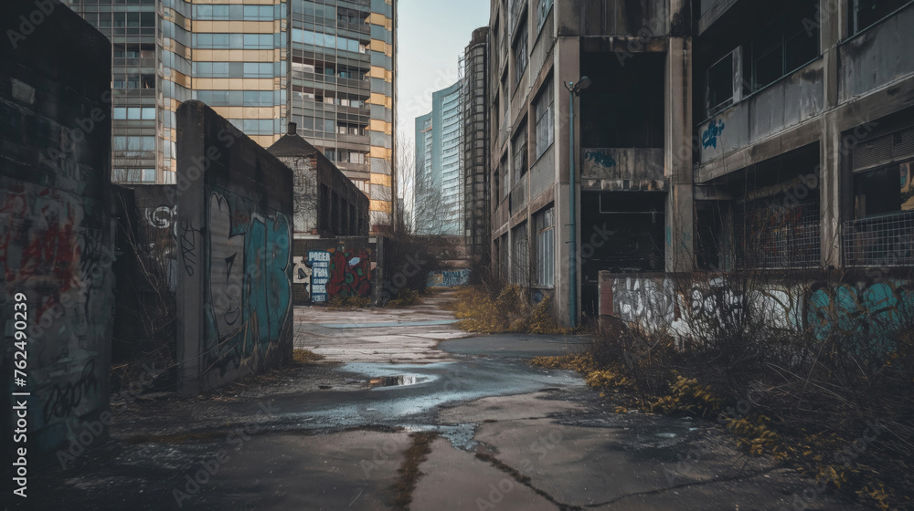 Desolate urban scene showcasing an abandoned street with overgrowth and graffiti on abandoned buildings
