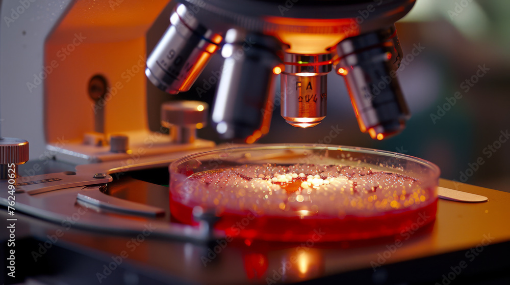 A microscope focuses on samples in a petri dish against a lab backdrop. A microscope focuses on samples in a petri dish against a lab backdrop.