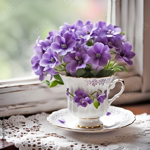 Wallpaper Mural A vintage-styled teacup filled with vibrant purple flowers on a lacy white doily by an old window Torontodigital.ca