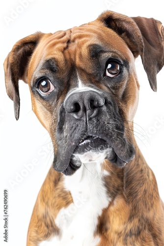 Muzzle of a tiger-colored boxer dog in close-up. The piercing gaze of a tiger-striped boxer dog.