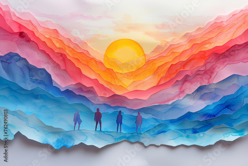 A couple holding hands stands before a colorful abstract sunrise layered in waves  creating a sense of hope and togetherness..