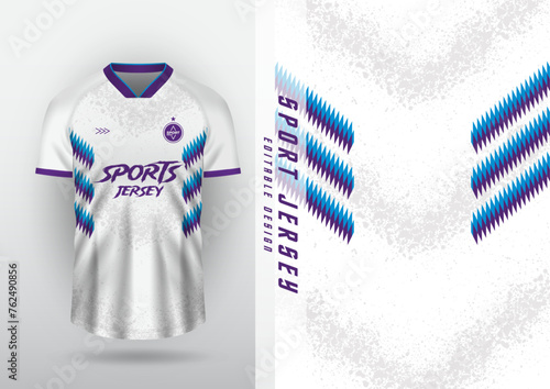 Jersey design, outdoor sports, jersey, football, futsal, running, racing, exercise, side zigzag pattern. white purple blue