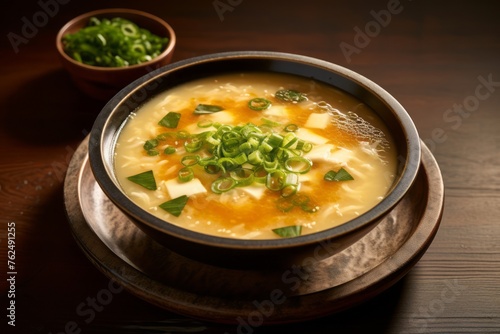 Juicy miso soup on a porcelain platter against a rice paper background