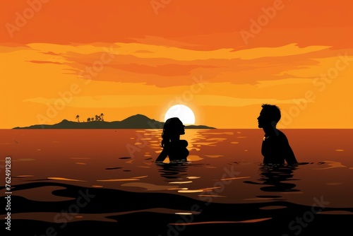 Picturesque Couple enjoying sunset tropical. Summer people. Generate Ai