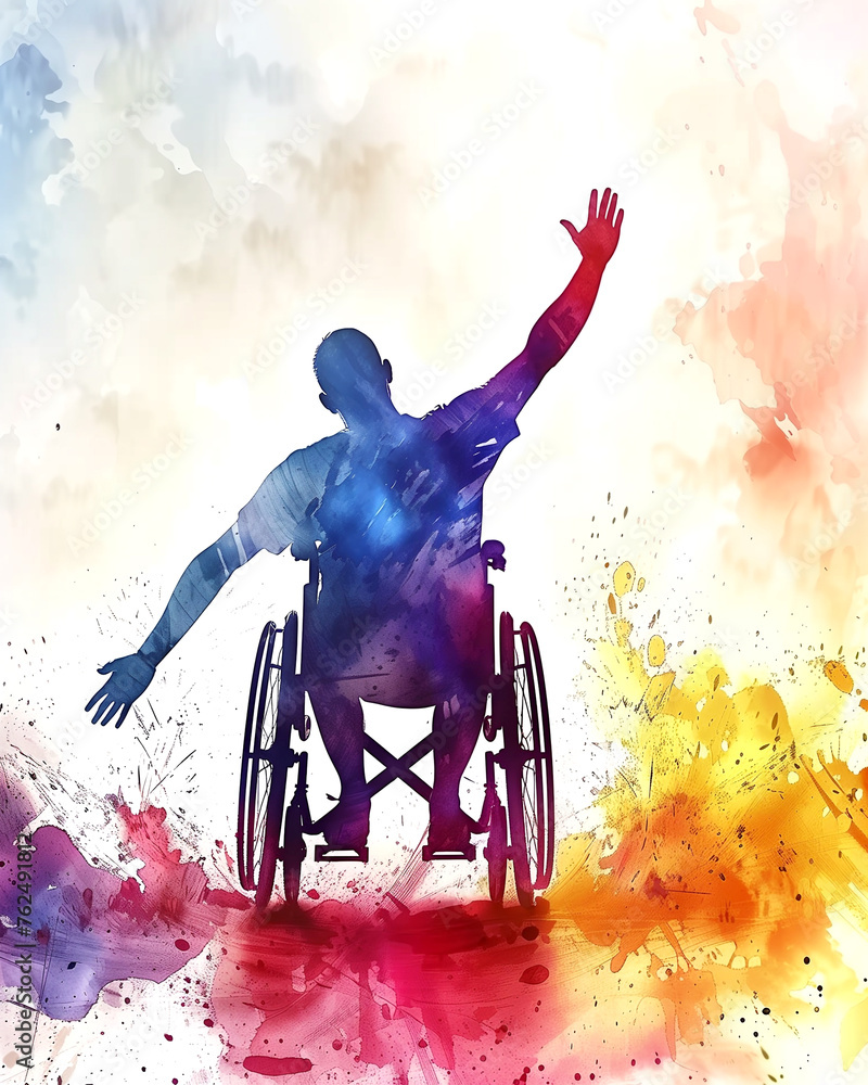 an athlete in a wheelchair takes part in a race. watercolor. desire to win. overcoming life's difficulties. - obrazy, fototapety, plakaty 