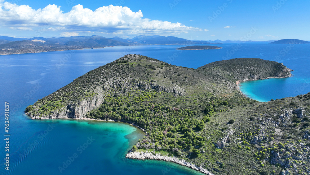 Aerial drone photo of small exotic island of Romvi next to famous long beach of Tolo, Argolida, Peloponnese, Greece