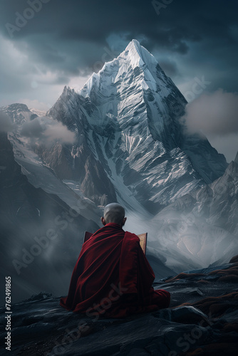 Buddhist monk sitting on the rock and reading a book