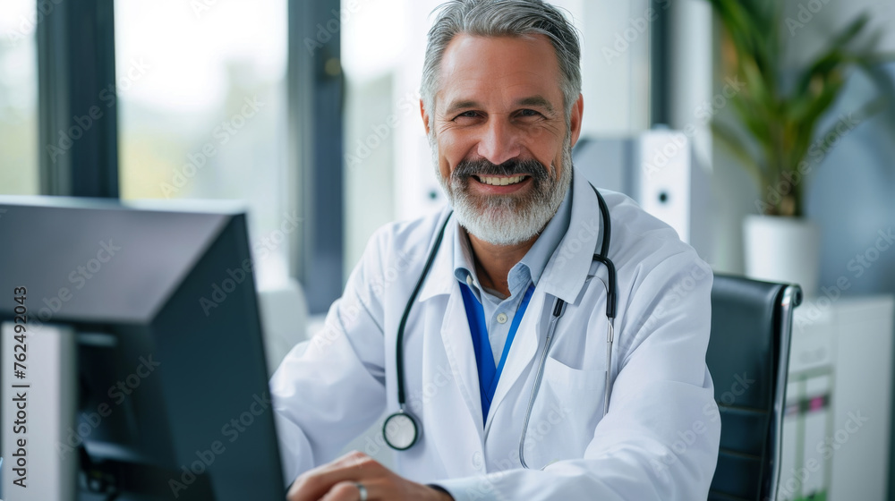 smiling, middle-aged male doctor working on a computer smiling, middle-aged male doctor working on a computer
