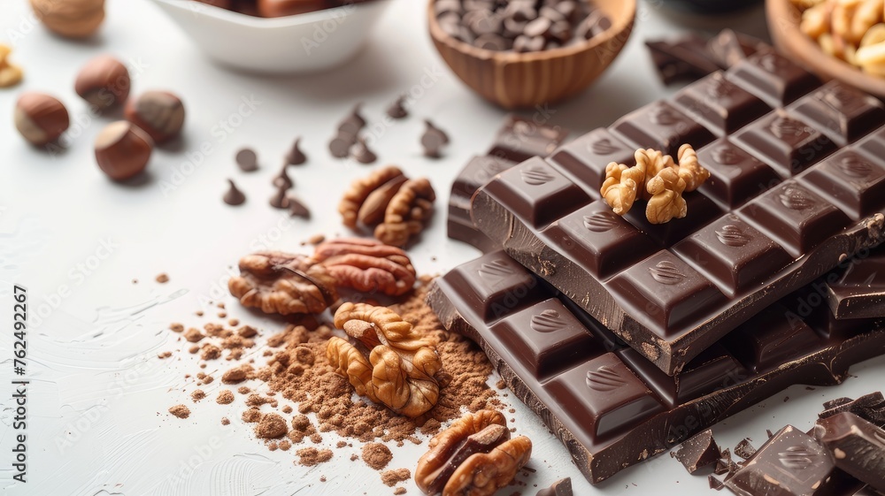 dark chocolate, caramel, and walnuts against a white background with small elements, perfect for a distant view and ample empty space for text. dark chocolate, caramel, and walnuts against a white background with small elements, perfect for a distant view and ample empty space for text.