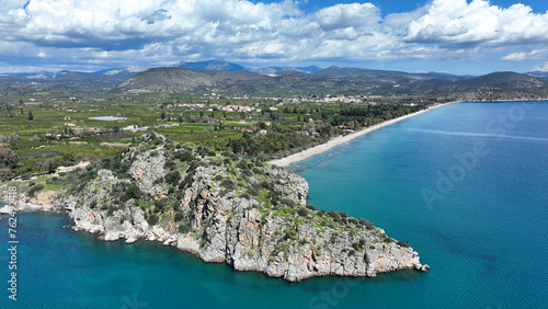 Aerial drone photo of paradise long beach of Asini and Kastraki next to famous seaside village of Tolo, Argolida, Peloponnese, Greece