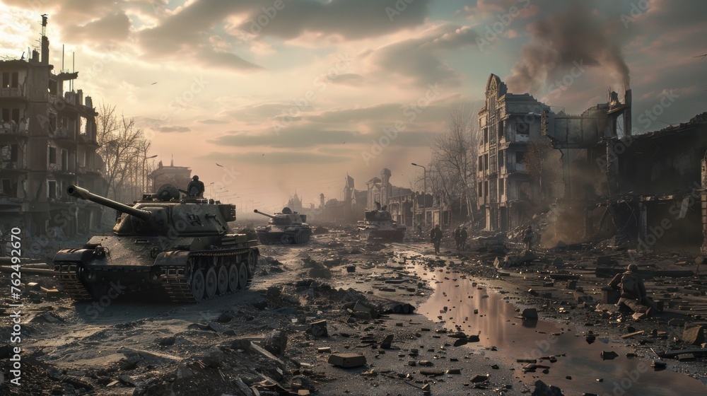 A war tank passes through a city with destroyed buildings AI generated image