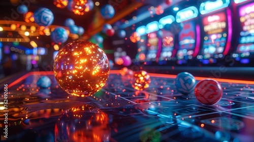 A cascade of bingo balls falling, gambling slot machines in background photo
