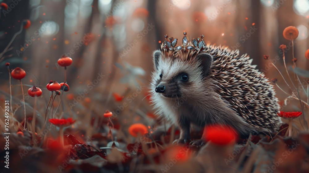 Hedgehog with a small tiara nestled among its quills a prickly monarch in a miniature kingdom Hedgehog with a small tiara nestled among its quills a prickly monarch in a miniature kingdom