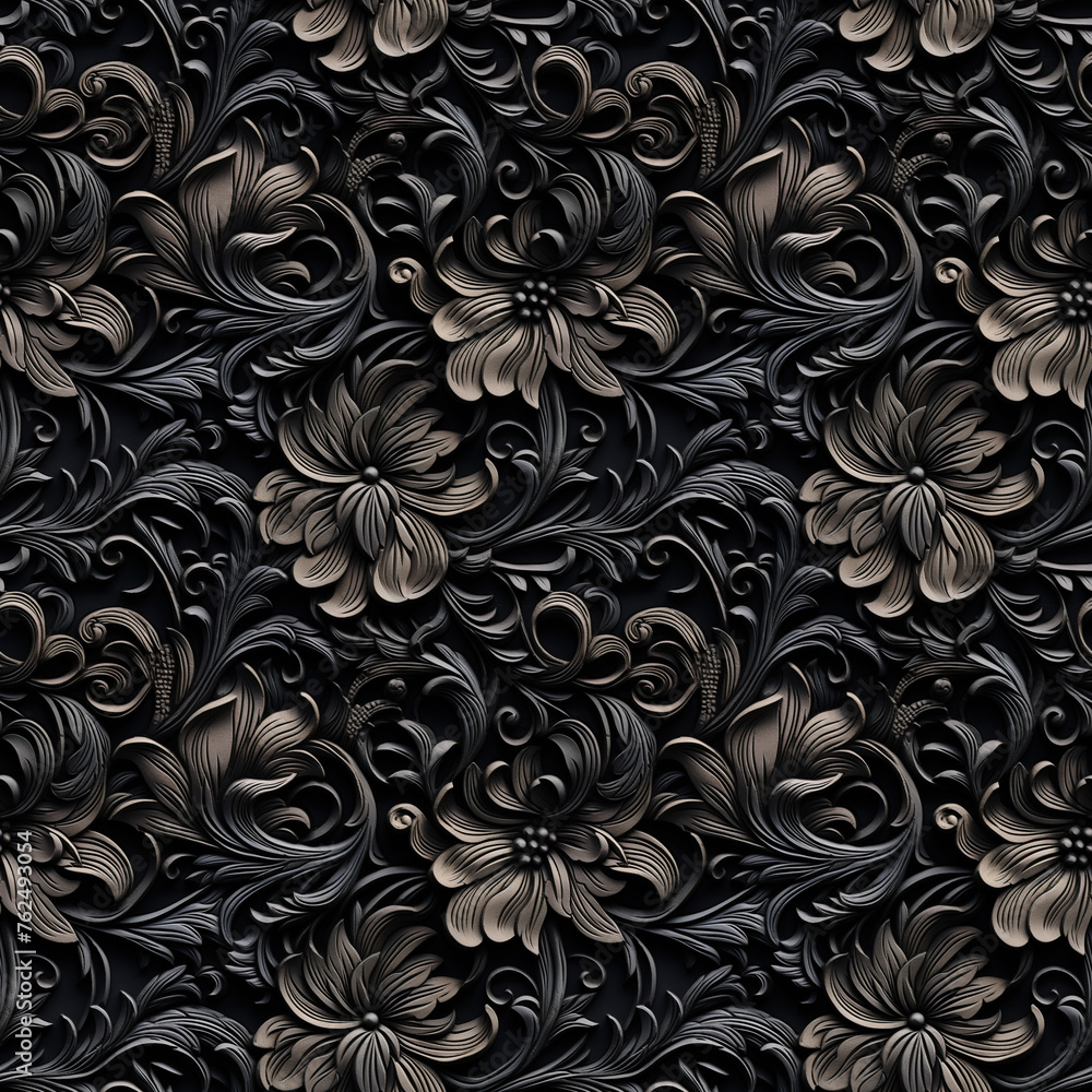 Black and white seamless pattern with classic flower and foliage ornament. Seamless texture background. Black and white seamless pattern with classic flower and foliage ornament. Seamless texture background.
