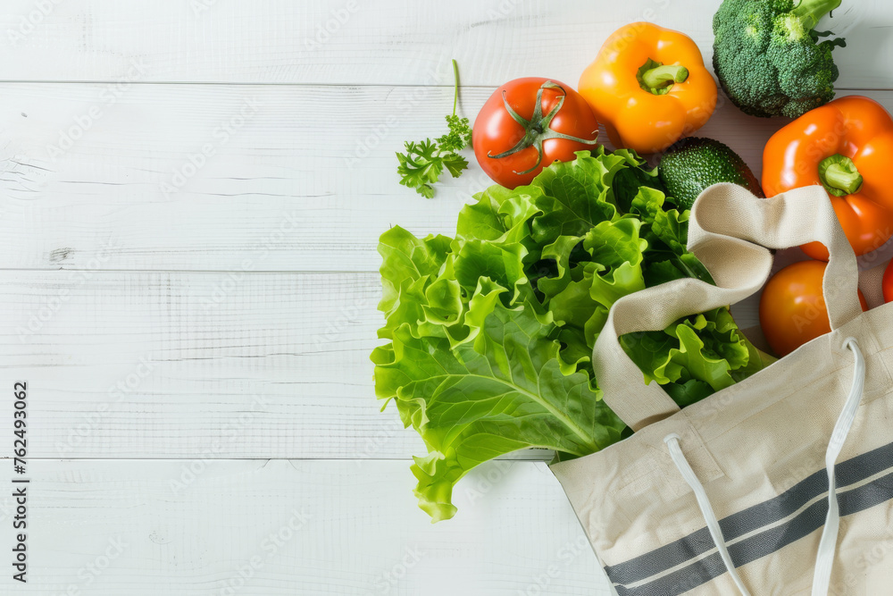Diet concept detail with shopping bag with healthy food on white table and measure meter. Top view. Horizontal composition. Diet concept detail with shopping bag with healthy food on white table and measure meter. Top view. Horizontal composition.