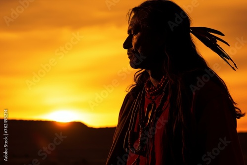 Traditional Silhouette Navajo man. Silhouette exploring carless sand dunes. Generate AI © juliars