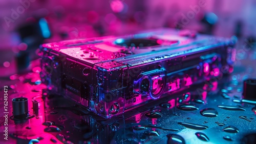 Retro cassette tape bathed in magenta and cyan lights on a reflective surface