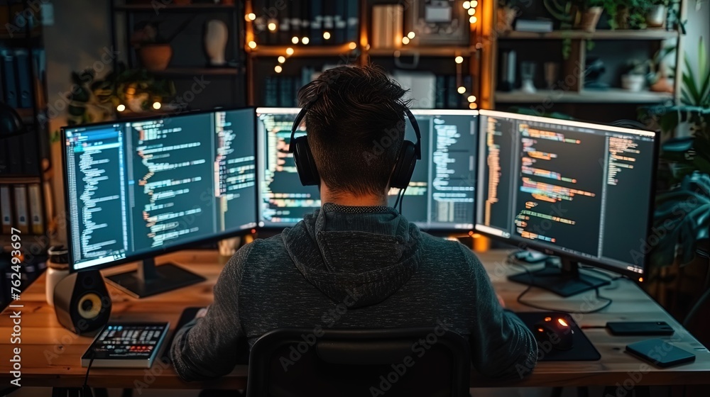 A software engineer debugging code on multiple monitors in a tech-filled office, representing concentration and problem-solving skills - obrazy, fototapety, plakaty 