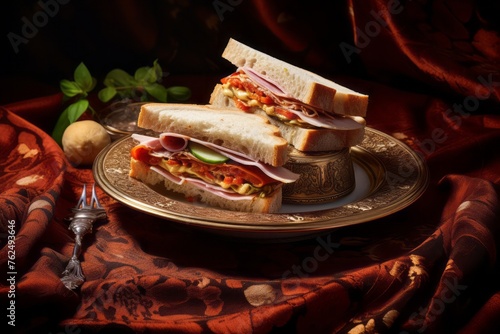 Refined sandwiches in a clay dish against a silk fabric background