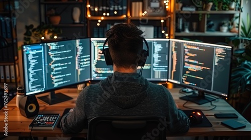 A software engineer debugging code on multiple monitors in a tech-filled office, representing concentration and problem-solving skills
