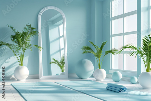 A yoga studio with a large mirror and plants. The room is bright and inviting, with a blue yoga mat and a blue ball