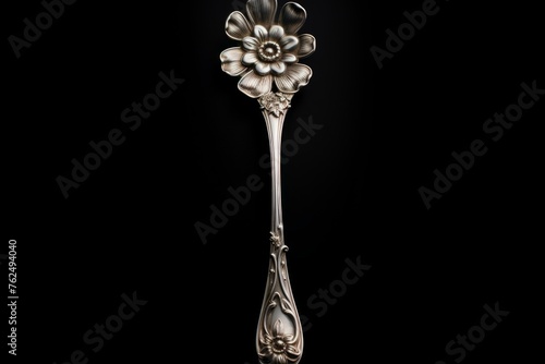 Tarnished Silver antique spoon tool. Shiny ancient eating teaspoon with decoration elements. Generate ai