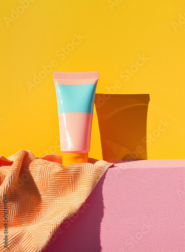 Cosmetic skincare blank product tube on podium, pink and yellow colours 
