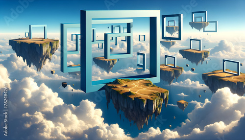 3D-rendered floating islands in a clear sky, connected by surreal sky-blue square portals. photo