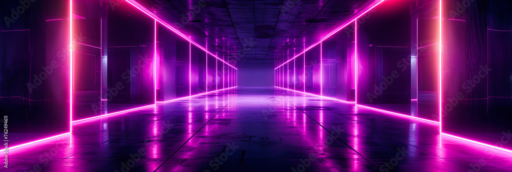 Glowing Neon Lights in Futuristic Room, Modern LED Illumination, Abstract Technology Concept