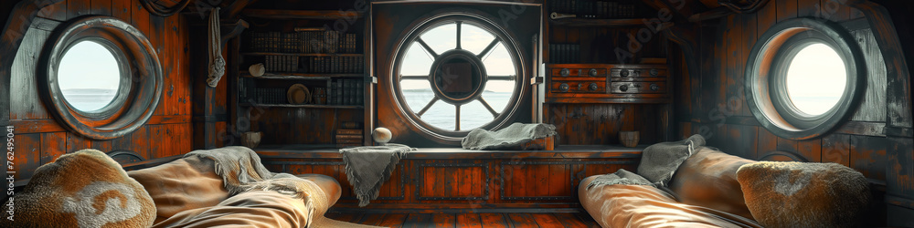 Naklejka premium interior of captain cabin bedroom on medieval pirate ship. Inside wooden ancient sail boat