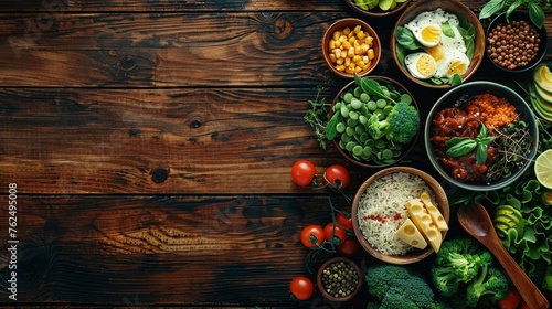 Healthy food clean eating selection  top view on dark wooden background  with copy space